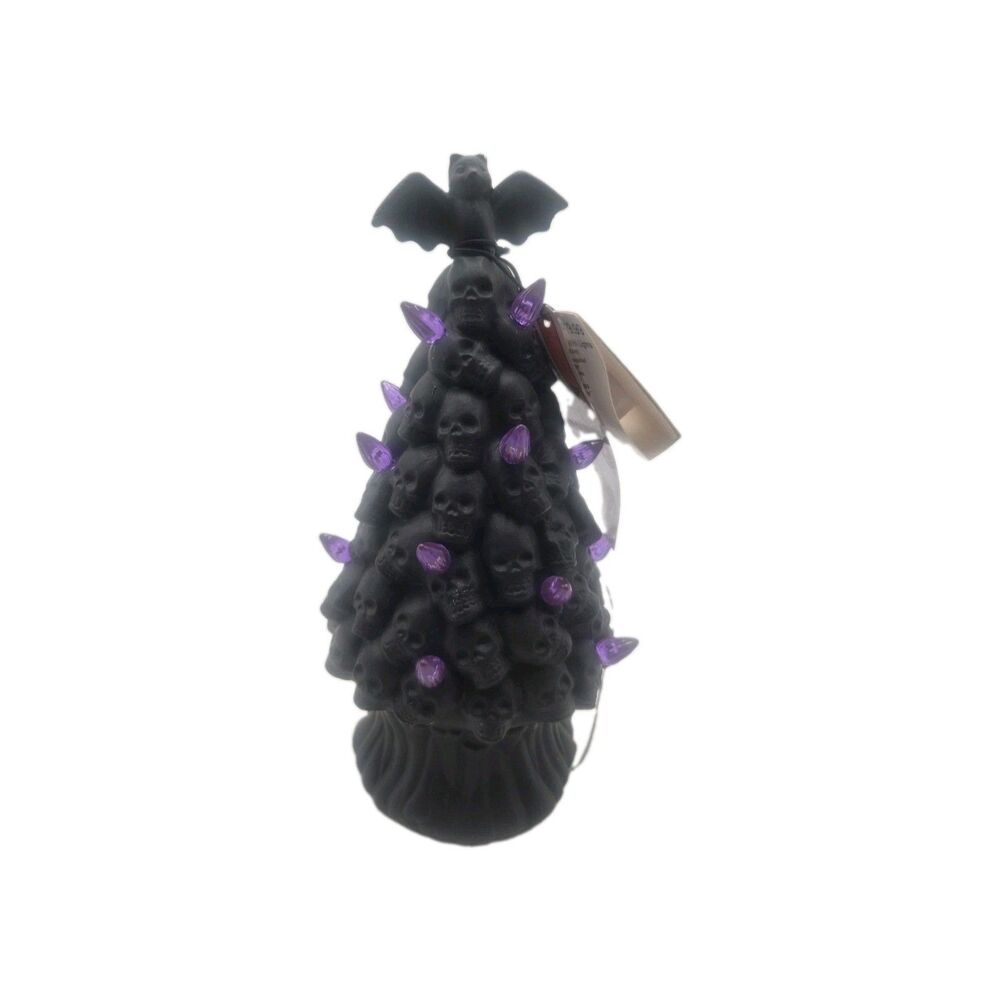 Spooky Village Black Skull Tree With Lights Has Chip New